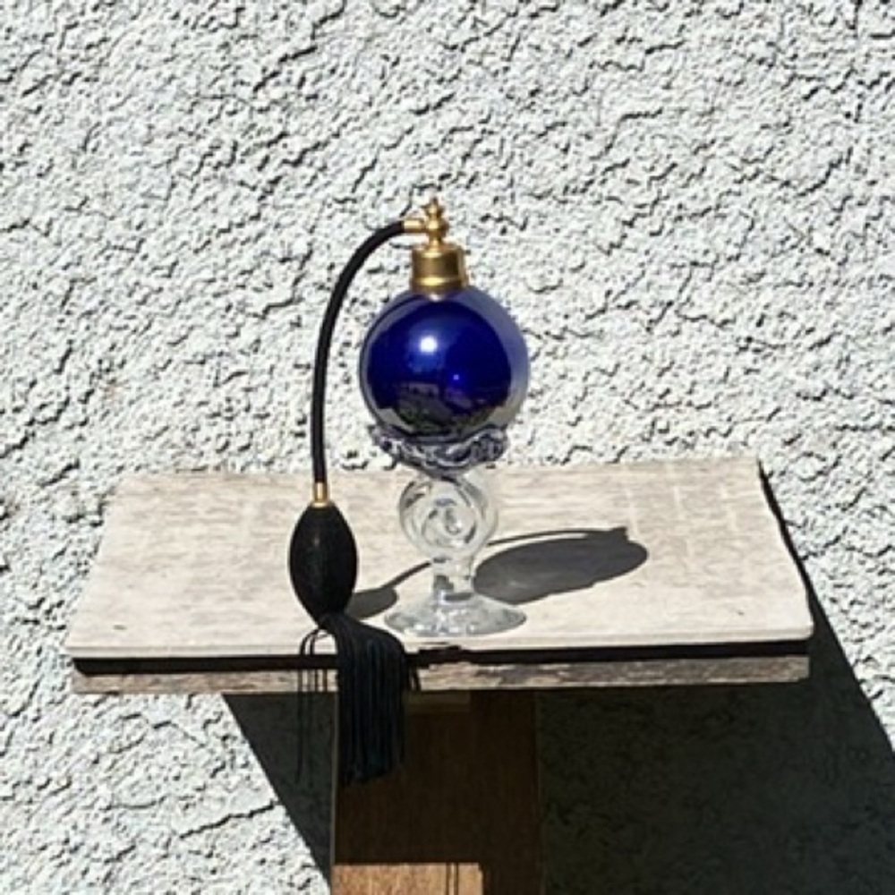 Vintage perfume bottle blue mirror glass ball glass stand with black atomizer